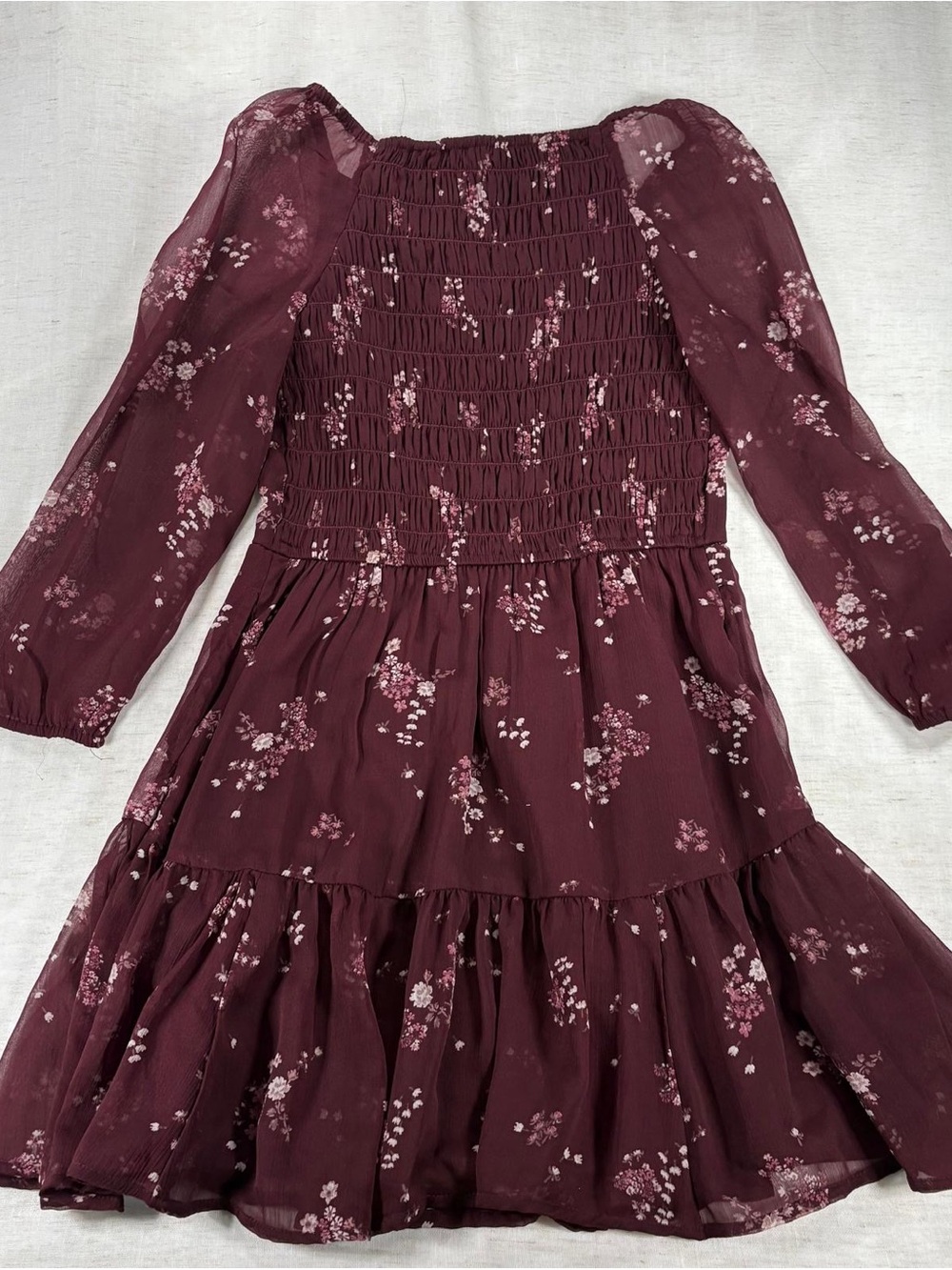 Abercrombie Kids Girls Burgundy Pink Floral Smocked Puff Sleeve Dress 11/12
